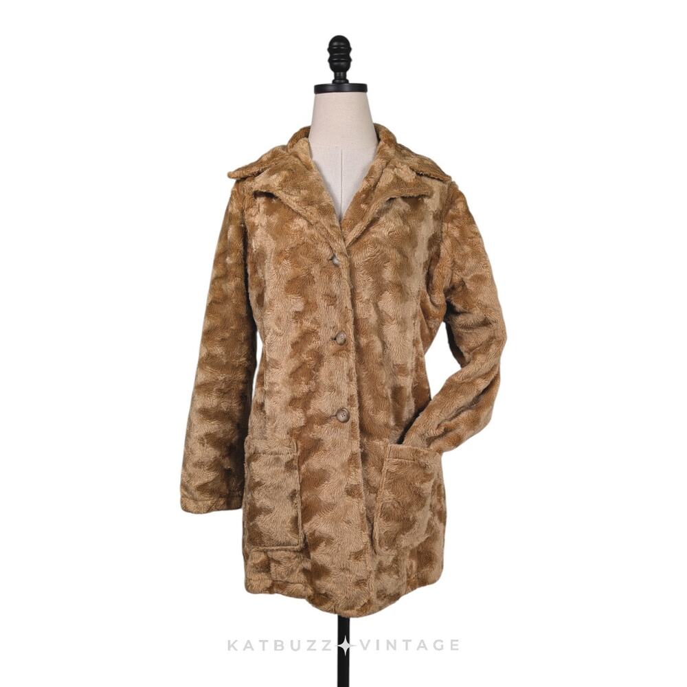 Charlotte Russe Faux Fur Coat Jacket L Tan Brown Vintage Y2K Retro Teddy Glam